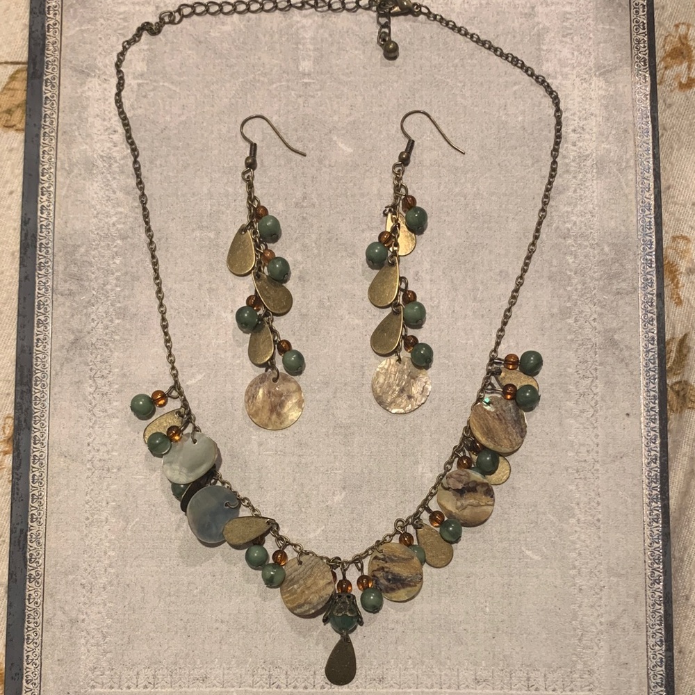 Gold and Green Necklace and Earring Set